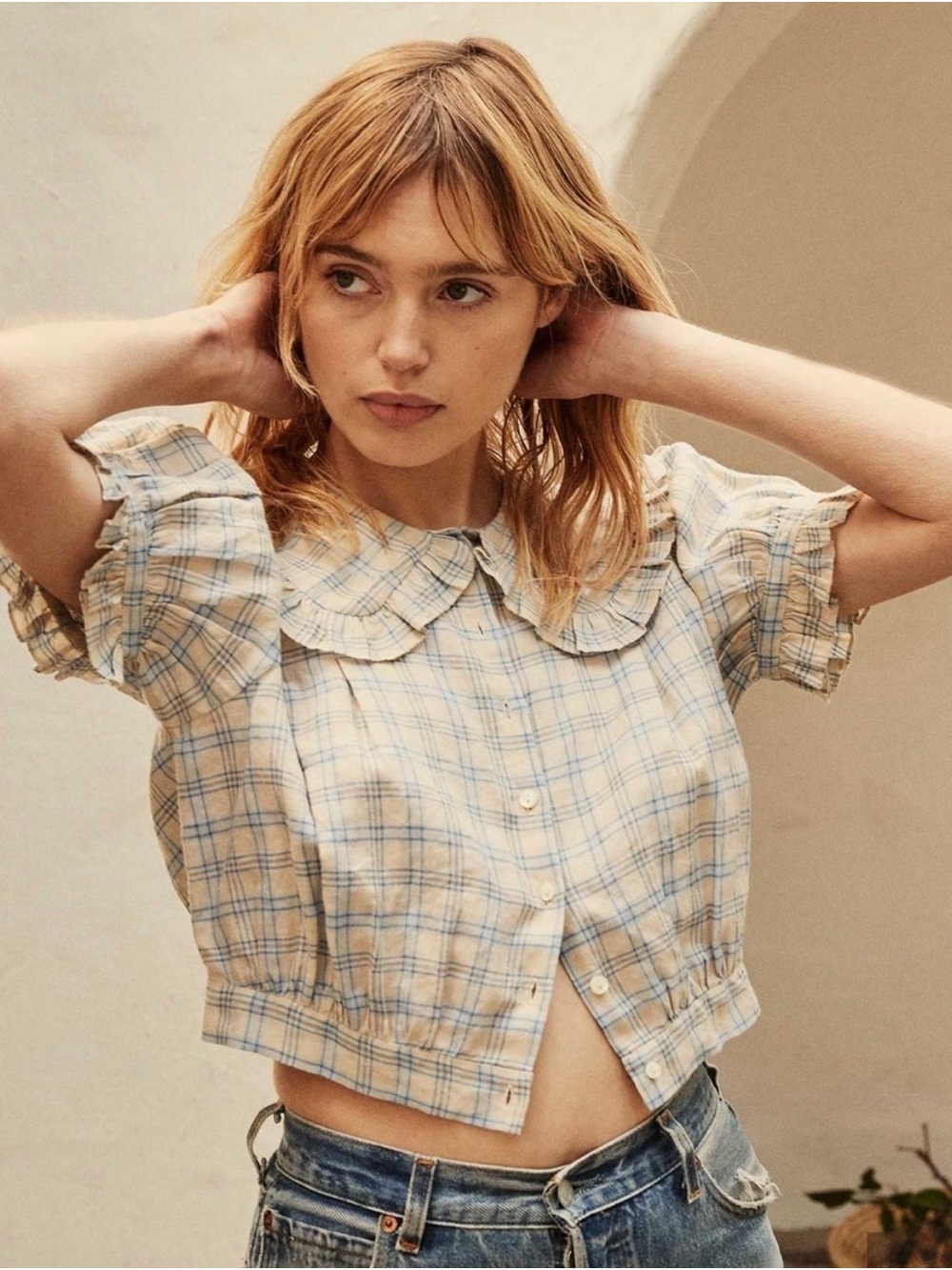 Doen Sparrow top in Meadowlark Cream & Light Blue Plaid Scalloped-Collar Crop